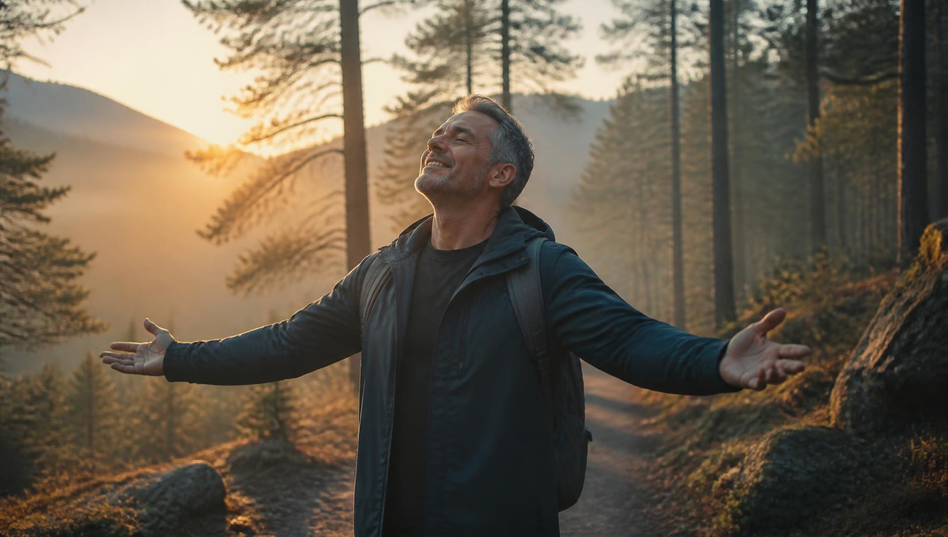 Mann atmet bei Sonnenaufgang im Wald frei durch – Leben ohne Zigarette